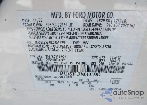 2021 Ford Ecosport S z USA, uszkodzony, nr VIN MAJ6S3FL7MC401689